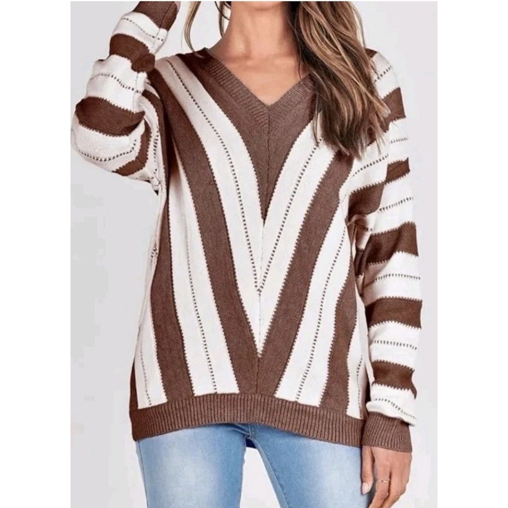 Womens XL Brown Cream V Neck Striped Sweater Soft Knit Pullover Oversized Cozy
